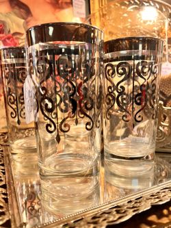 Mid Century Silver Scroll Bar Glass Set/4