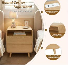 Modern Nightstands Set of 2 with Charging Station, Wood End Table Bedroom Nightstands with Drawers, Wide Curved Bedside Table Set 2 for Bedroom, Livin