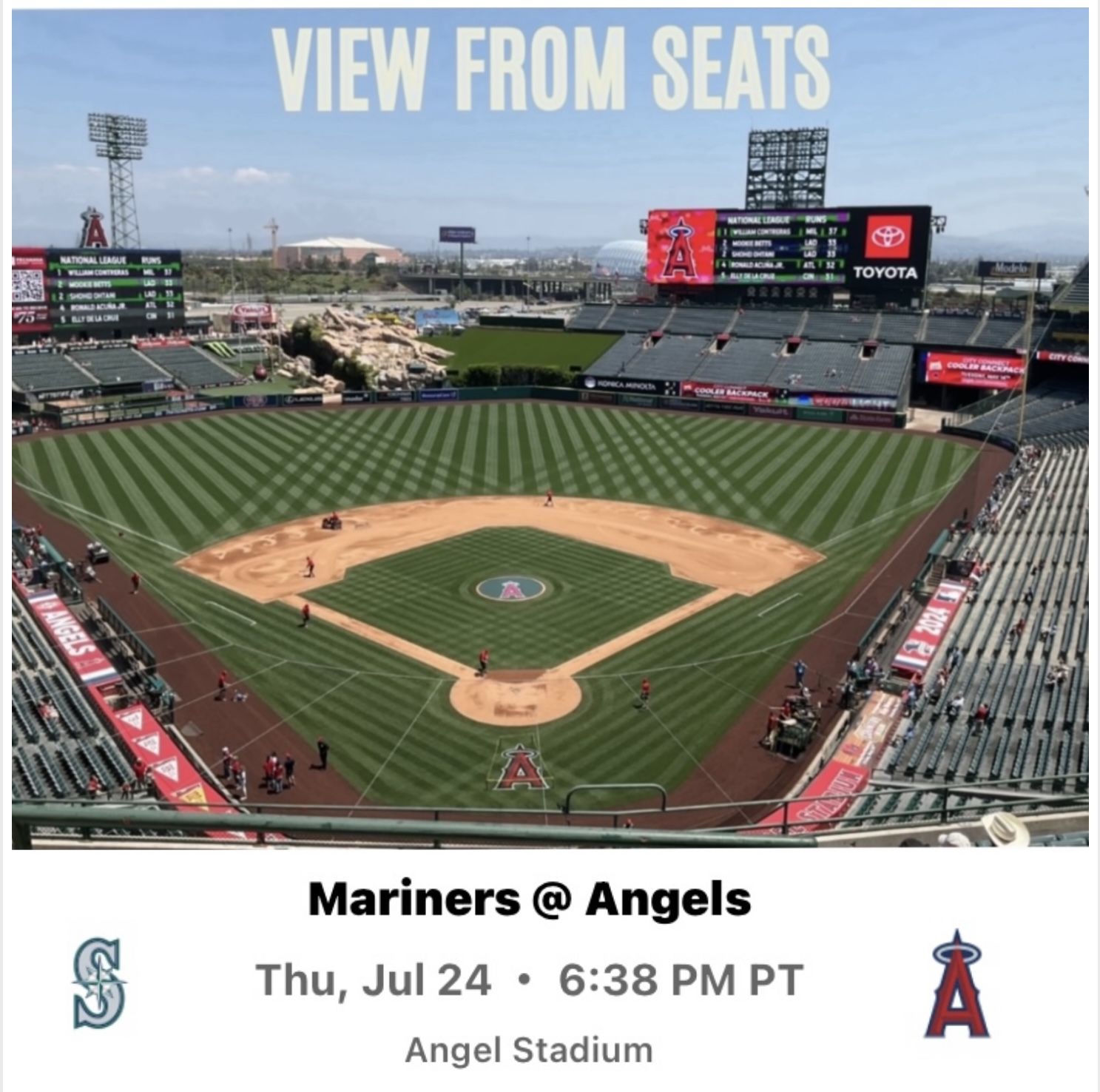 2 LA Angels Baseball tickets v Seattle Mariners Thursday July 24, 2025