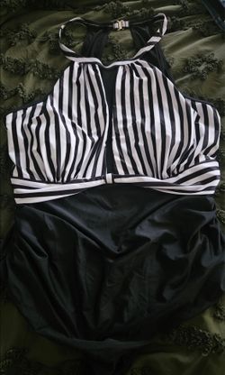 Black and White Striped Halter One-Piece Swimsuit