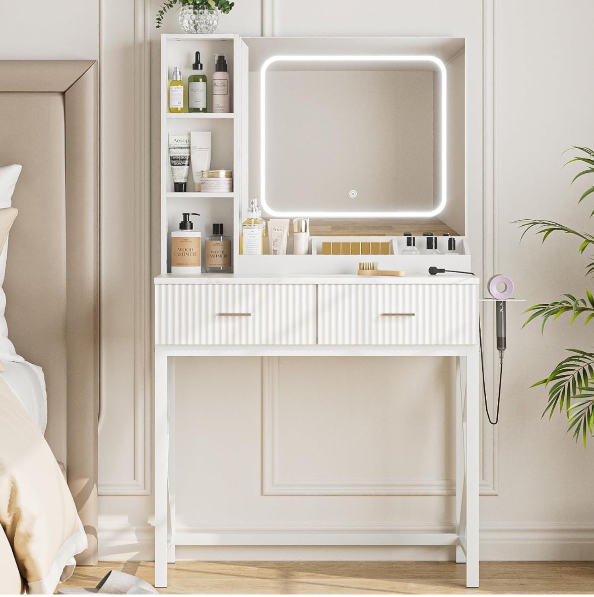 Makeup Vanity with LED Lighted Mirror, Vanity Desk with Tri-Color Adjustable Brightness, 2 Drawers and 3 Storage Shelves Ideal for Bedroom, White