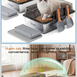 2 Pack Stainless Steel Litter Box - XL Extra Large Metal Cat Litter Box with Scoop & Pedal for Big Cats and Multi-Cats, Angled Entrance Design, Anti-U