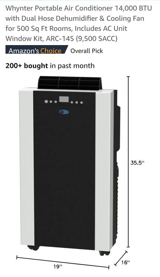 Whynter Portable Air Conditioner 14,000 BTU with Dual Hose Dehumidifier & Cooling Fan for 500 Sq Ft Rooms