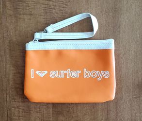 Roxy Clutch Bag "I Love Surfer Boys" Orange Wristlet Pouch Y2K Surf Aesthetic