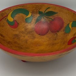 Hand-Painted Cherries Vintage Wooden Footed Bowl