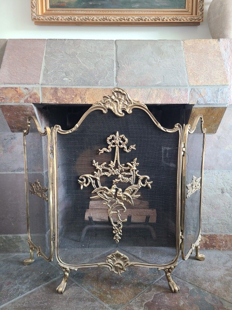 Vintage Ornate Brass Fireplace Screen