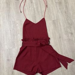 Source of Fashion Burgundy Halter Romper with Belt – Size Small
