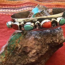 Sterling Navajo Turquoise/Coral Cuff
