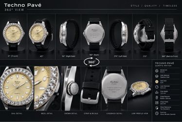 Techno Pavé Quartz Watch – Gold Dial, Crystal Bezel & Black Strap