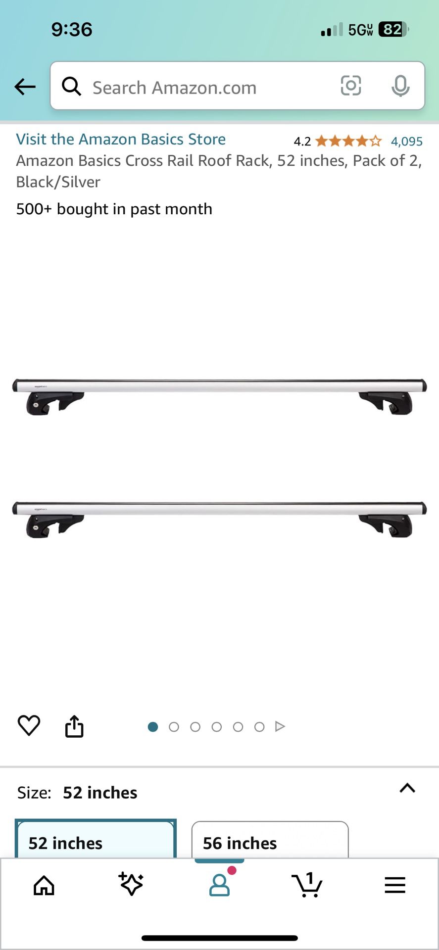 Amazon Basics Cross Rail Roof Rack, 52 inches, Pack of 2, Black/Silver