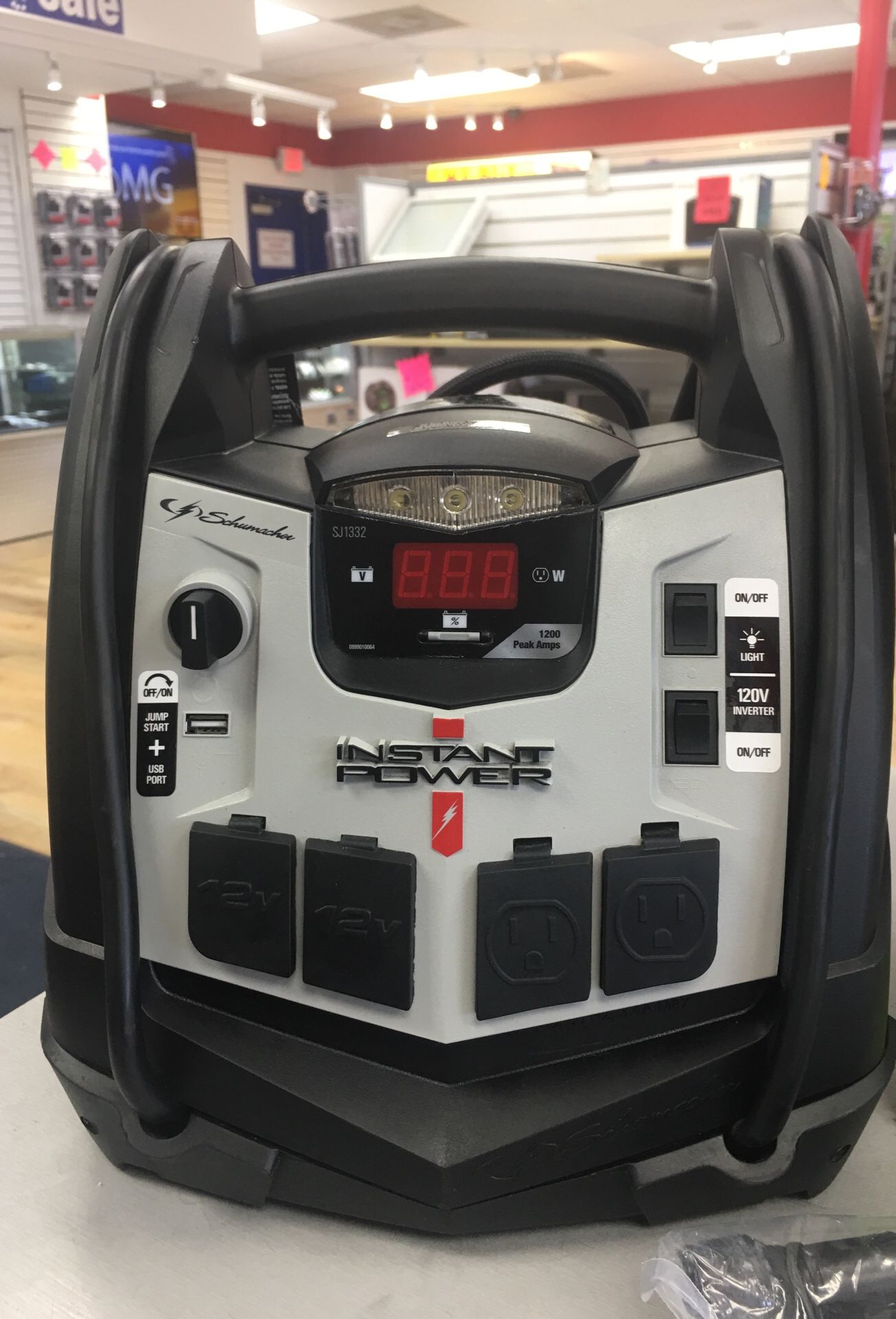 Schumacher SJ1332 1200A Portable Power Station - Jump Starter, 12V, USB & 120V AND Air Compressor!