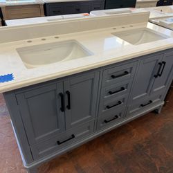 Rawsonville 61 in. Double Sink Freestanding Steel Blue Bath Vanity with White Quartz Top