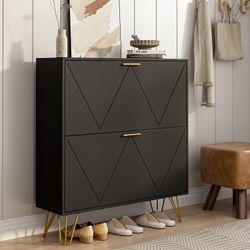 Black Shoe Cabinet Storage for Entryway, Narrow Shoe Cabinet with 2 Flip Drawers,Freestanding Organizer with Fluted Panel for Living Room, Bedroom, Ha
