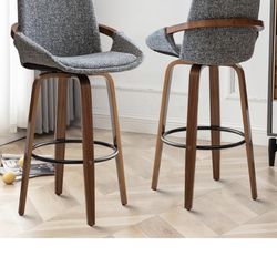 LUNLING Set of 2 Bar Stools, 29.5 Inch Counter Height, Mid-Century Modern Retro Bar Chairs, Charcoal Gray Linen Look, Fabric Upholstered and Walnut Wo