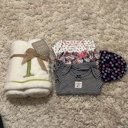 Baby Girl Blanket /3 Bodysuits  6-9 Months And Hat