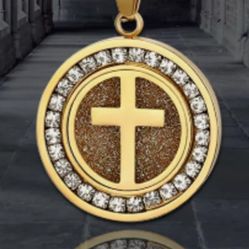 Men's Stainless Steel Cross Round Pendant With CZ Chain Prayer Necklace 22''