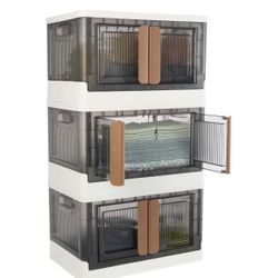 Set of 3 Collapsible Storage Bins - 8.4 Gal Capacity Organizers with Lids, Double Doors, and Wheels - Stackable Storage Containers by Home-Complete
