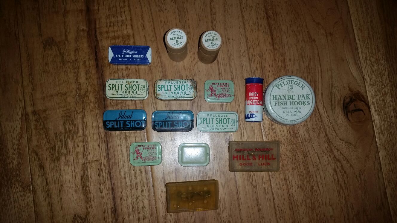 Fishing split shot tins, hooks, license holders