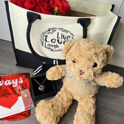 Mothers Day Basket Gift Ideas, including Rose Flowers Teddy Bear Necklace Tote Bag String Light Balloon Card