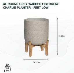 Pottery Pots 17.52" H XL Round Grey Washed Fiberclay Indoor Outdoor Charlie Planter - Feet Low, Home Garden Patio