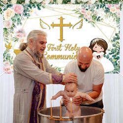 First Holy Communion Backdrop Banner Pink Floral God Bless Baptism Mi Bautizo Pa