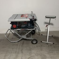 Bosch Portable Table Saw and Stand plus roller bar stand, Dado Blade Insert, And Calibration Bars - Like new
