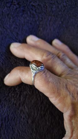 Vintage 40'S Sterling Silver Vine Amber Ring 