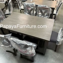 New 7Pcs Dining Set, Table And Chairs, Casual Dining Table, Chairs, Rectangular Table, Wooden Table, Grey Dining Set, Dinette Set, Table And 6 Chairs