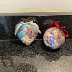 2 Vintage Paper Mache Baby Jesus Ball & Heart Christmas Ornaments