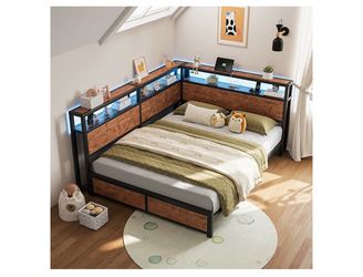 Industrial Bed Frame with L-Shaped Shelves and Storage Drawers