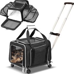 Expandable Premium Pet Carrier on Wheels- Two Sided Rolling Carrier- Dimensions: 18 x 11 x 11 inches. Airline Approved. Expands on both sides giving y