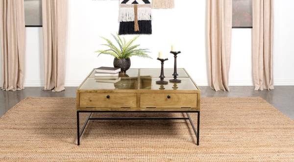 Mango Wood Shadowbox Coffee Table with Iron Base and Glass Top! Best Prices!