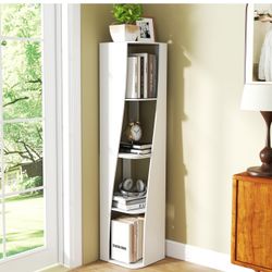 4 Tier Corner Bookshelf, Detachable Corner Shelf, Free-Standing Bookcase, White Narrow Standing Shelf Organizer, Perfect for Living Room, Bedroom, Hom