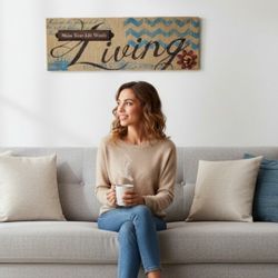 23" X 8" Burlap "Make Your Life Worth Living" Rustic Farmhouse Style Wall Decor. This home decor sign is made of burlap with teal chevron patterns and