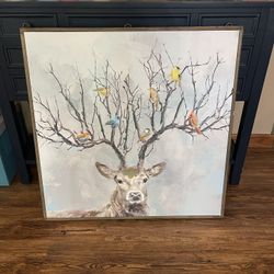 Large Framed Deer & Bird Decor Canvas