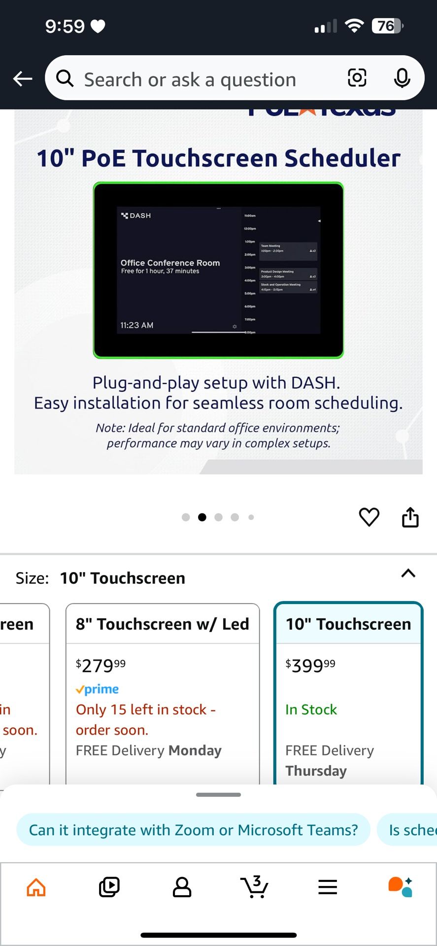 PoE Texas 10" Touchscreen Meeting Room Scheduler Tablet with Highly Visible LED Ring - Plug & Play