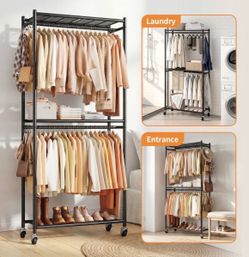 Clothing Rack W/ Mesh Shelves Universal Wheels Closet Organizer