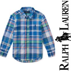 RALPH LAUREN Boys Button Up Long Sleeve Blue Red Green Plaid Poplin Shirt Size 3