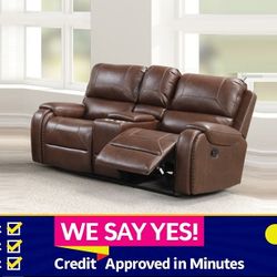 FINANCE TODAY! Brown Leatherette Couch Recliner Console w/ Cup Holders in Loveseat