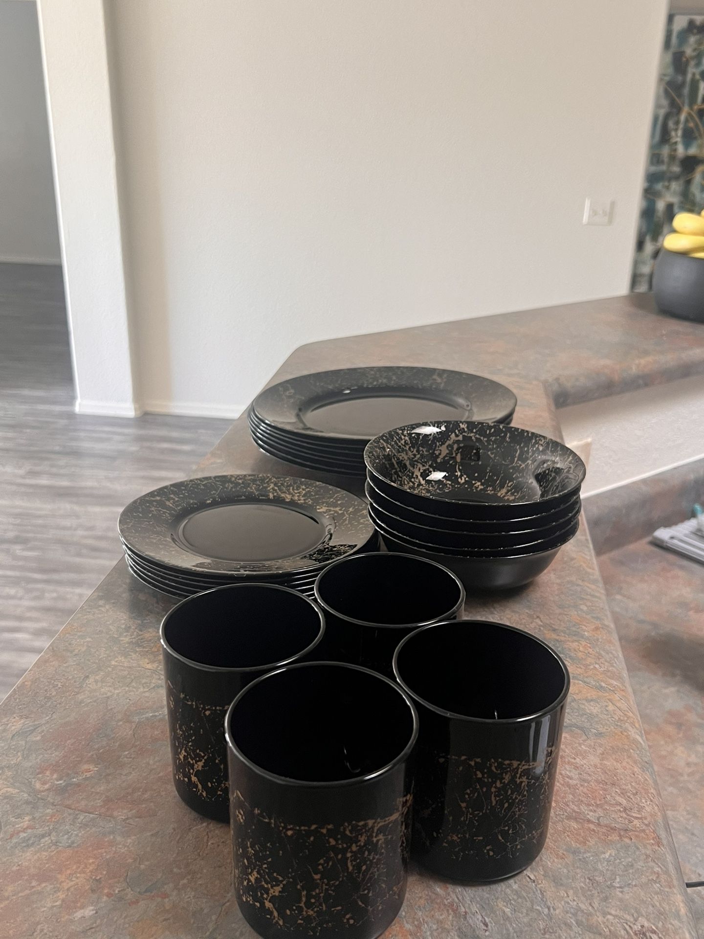 Vintage Arcoroc Glass Dinnerware Black Gold Splatter 4 Sets Made in France