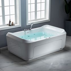 B0091  70-7/8"L x 47-1/4"W 2 Person Freestanding Hydrotherapy Whirlpool and Air Bath Heated Soaking Combination Massage Tub with Adjustable Speed Air 