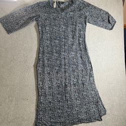 Nayo Women's Cotton Printed Straight Kurta Midi Dress Black Blue L Ethnic Tunic