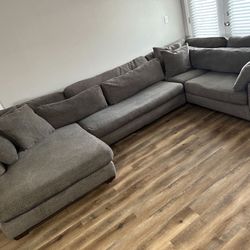 Potato Barn Oversized Plush Down Feather Chaise Sectional, Gray Basketweave Performance Fabric