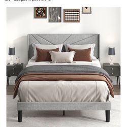 Queen Size Bed Frame with Upholstered Wingback Headboard, Easy Assemnly Platform Bed and Heavy Duty Wooden Slats Support, Noise-Free, No Box Spring Ne