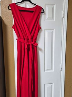 Red Pleated Wide-Leg Jumpsuit – Size 14