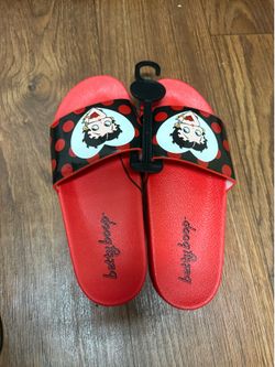 Betty Boop Women's Red/Black Leather Polka Dot Logo Slide Sandals Slip On 9