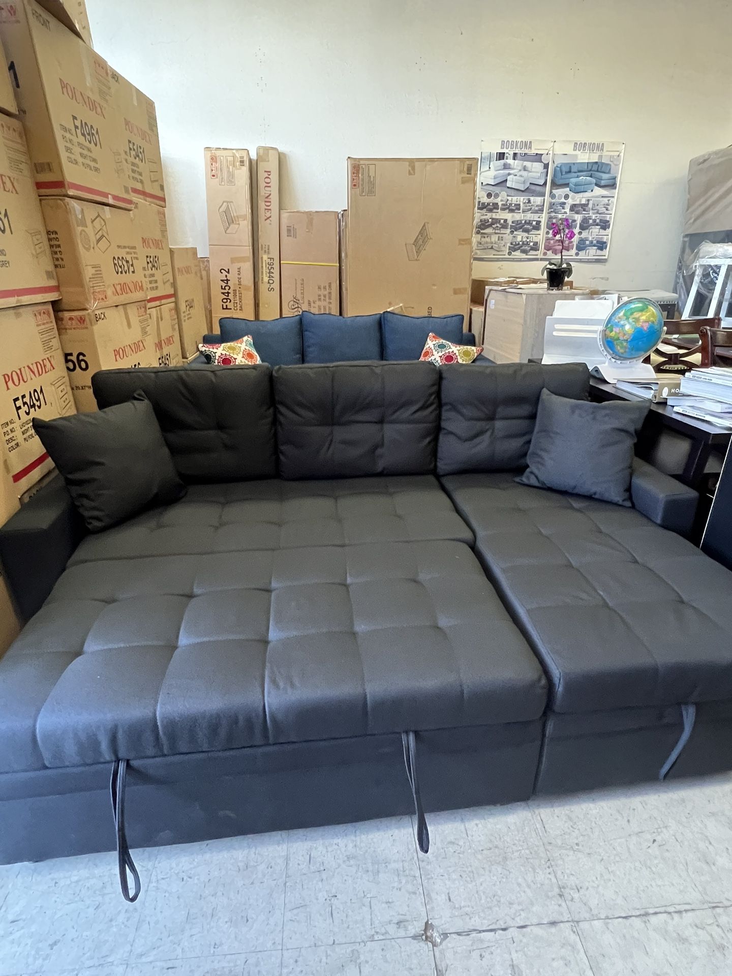 Living room set Sectional Sofa Pullout Bed W / Chaise Storage Faux leather 88” X 57” x33”H