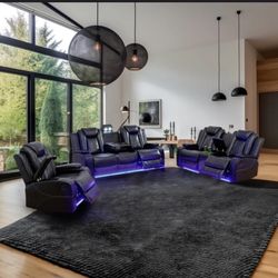 Power Electric Black Leather Fully Reclining Couch Set 