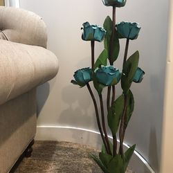 One of a kind wrought iron & steel metal turquoise sculpted rose garden