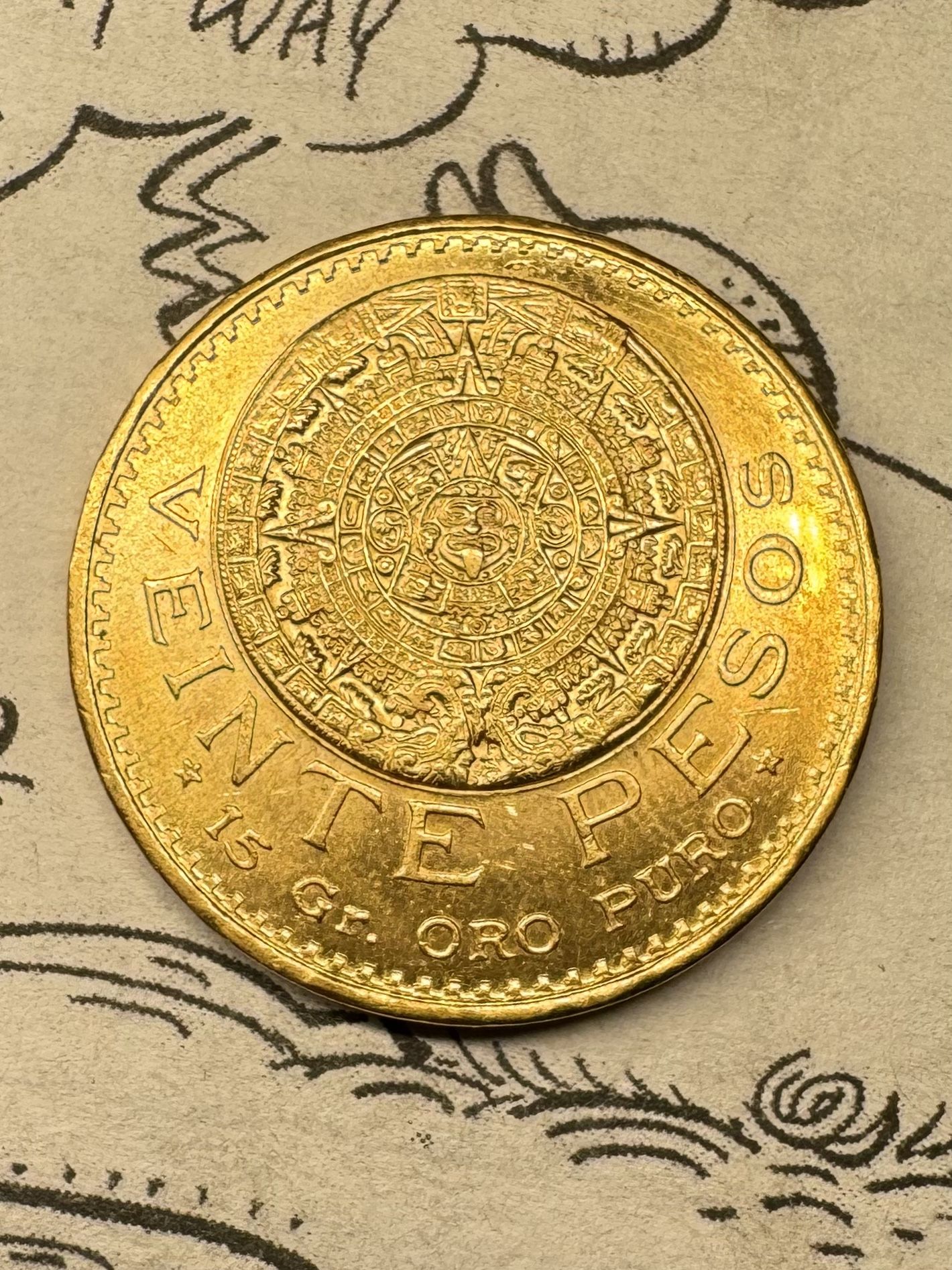1959 20 Pesos Gold BU